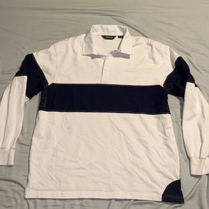 Large Orvis White and Navy Blue Collared Rugby Shirt. Size Large L